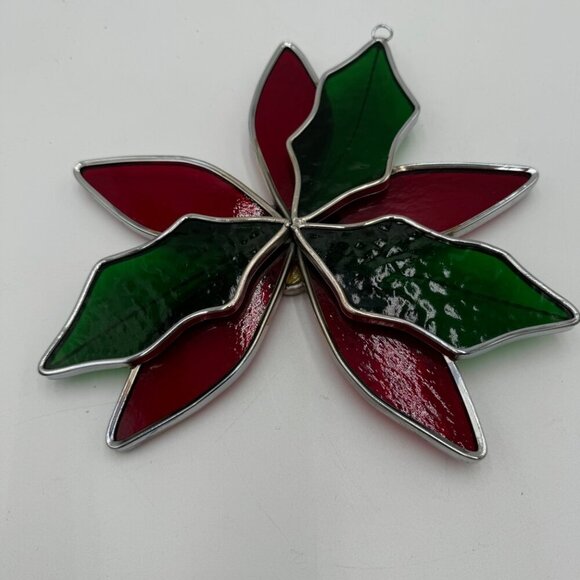 Large Handmade Poinsettia Stained Glass Sun-Catcher Winter Holiday Decor - Picture 5 of 10